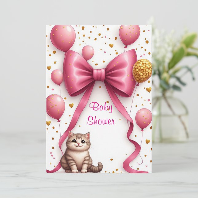 Söt Katt Rosa Bebis Shower Design 🐱 Inbjudningar (Stående Fram)