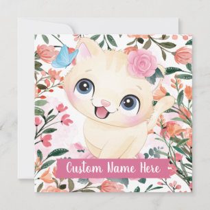 Söt Katt Rosa Rosor Rodnande Blommor Anpassat Namn