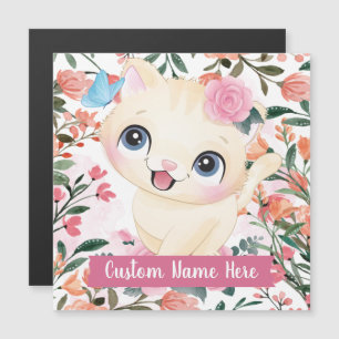 Söt Katt Rosa Rosor Rodnande Blommor Anpassat Namn