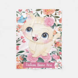 Söt Katt Rosa Rosor Rodnande Blommor Anpassat Namn Fleecefilt