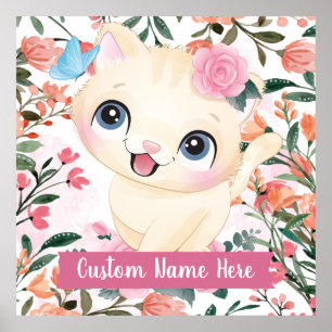 Söt Katt Rosa Rosor Rodnande Blommor Anpassat Namn Poster