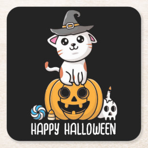 Söt katt satt på pumpa Halloween Underlägg Papper Kvadrat