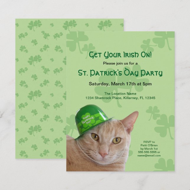Söt katt Shamrock-hatt St. Patricks dag-fest Inbjudningar (Fram/baksida)