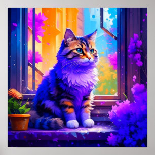 Söt katt sittande i fönster Ai-konst Poster
