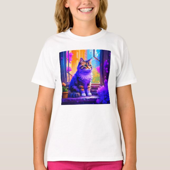 Söt katt sitter i fönster Ai konst T Shirt (Framsida)