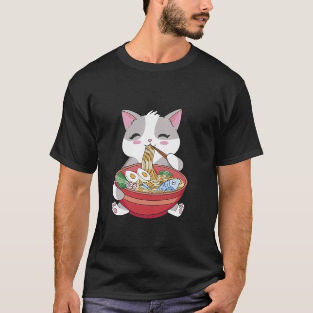 Söt katt som äter Ramen nudlar T Shirt (Framsida)