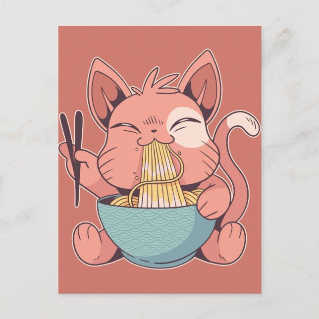 Söt katt som äter Ramen Vykort (Framsida)