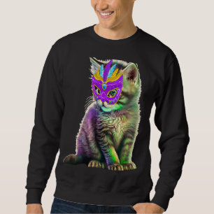 Söt katt som bär karnevalsmask Mardi Gras-fest Ca Lång Ärmad Tröja