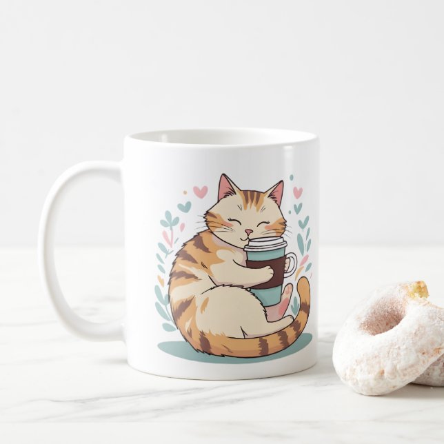Söt katt som kramar kaffekopp | Whimsical mugg (Med munk)