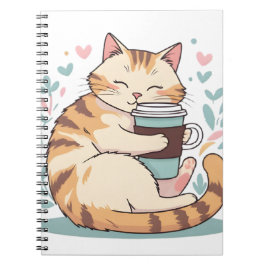 Söt katt som kramar kaffekopp | Whimsical Spiral N Anteckningsbok