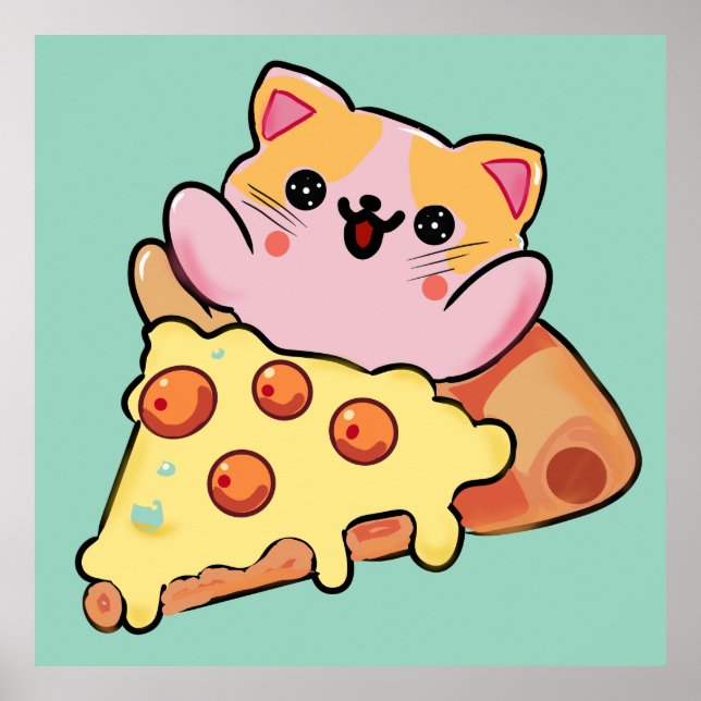 Söt Katt som kramar Pepperoni Pizza Tecknad Film Poster (Framsidan)