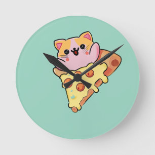 Söt katt som kramar Pepperoni Pizza Tecknad Film Rund Klocka