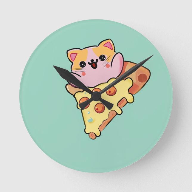 Söt katt som kramar Pepperoni Pizza Tecknad Film Rund Klocka (Framsida)