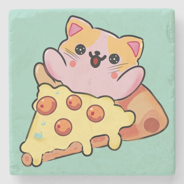 Söt Katt som kramar Pepperoni Pizza Tecknad Film Stenunderlägg (Framsidan)