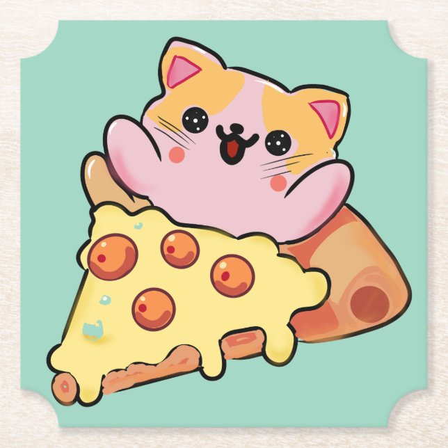 Söt Katt som kramar Pepperoni Pizza Tecknad Film Underlägg Papper (Framsida)