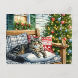 Söt katt som ligger vid julgran jul postkort vykort