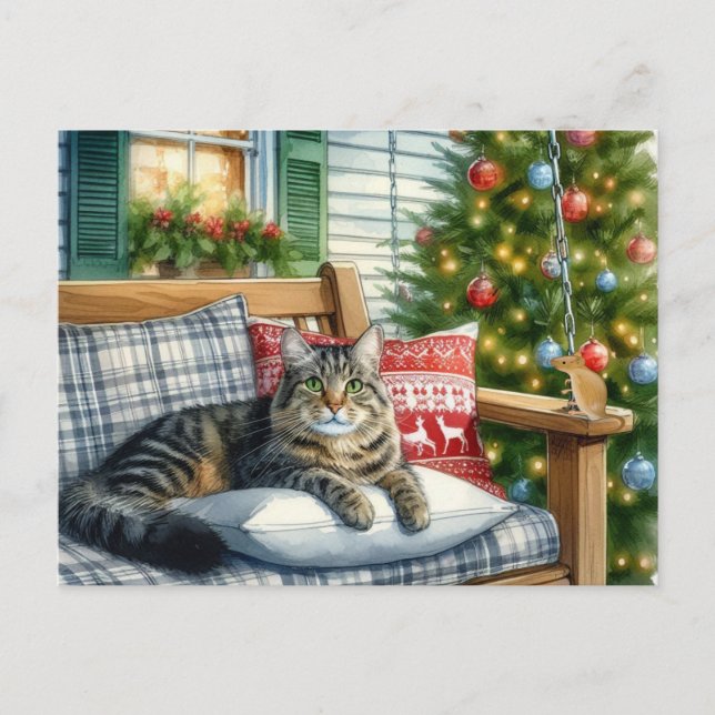 Söt katt som ligger vid julgran jul postkort vykort (Framsida)