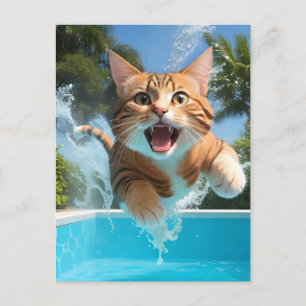 Söt katt som simmar och dyker i poolen är roligt vykort