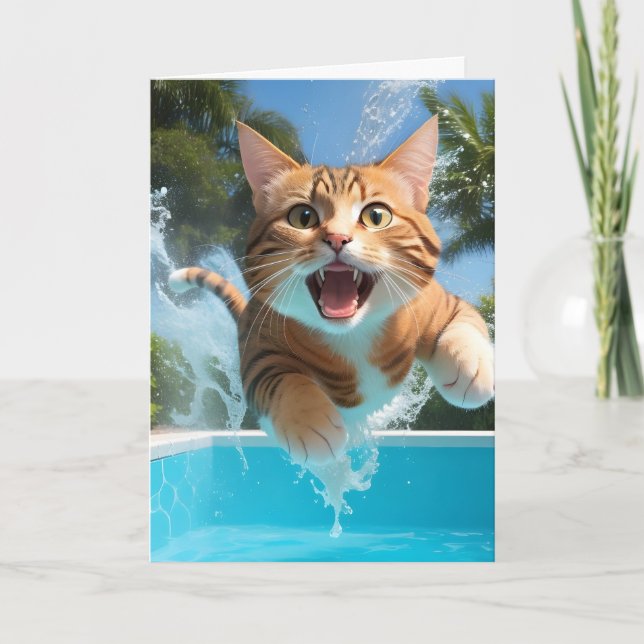 Söt katt som simmar och dyker i poolen, rolig blan kort (Framsida)