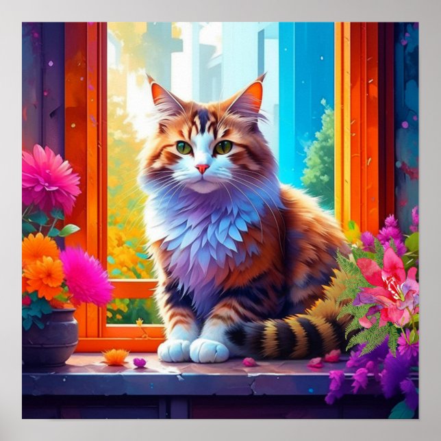 Söt katt som sitter i fönster i stad Ai konst Poster (Framsidan)