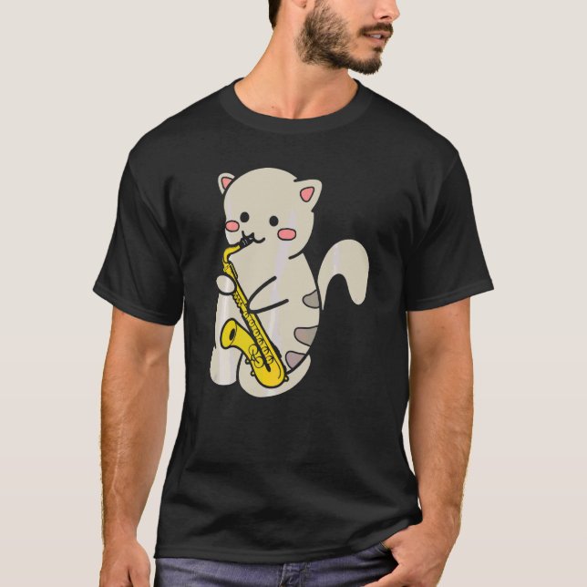 Söt katt som spelar saxofon  1 t shirt (Framsida)