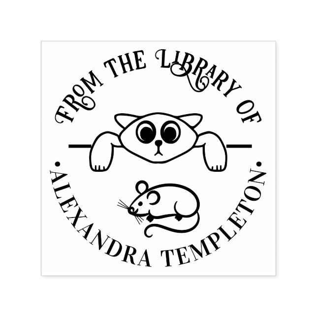 Söt katt spanar mus runt bibliotekets boknamn självfärgande stämpel (Design)