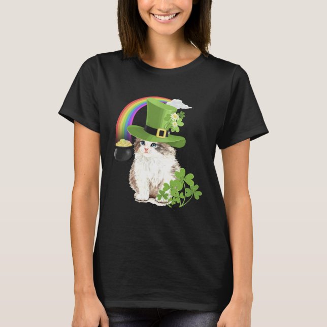 Söt Katt St Patricks Dag Shamrock Regnbåge Patty K T Shirt (Framsida)