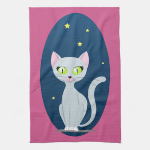 Söt katt stjärnhimmel Tecknad Rosa anpassad färg Kökshandduk