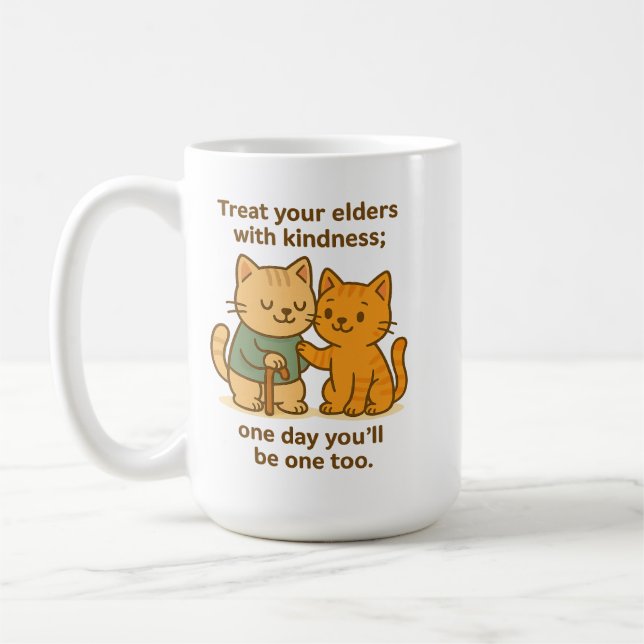 Söt Katt Tecknad Bild Äldre Inspirerande Citat Kaffemugg (Vänster)