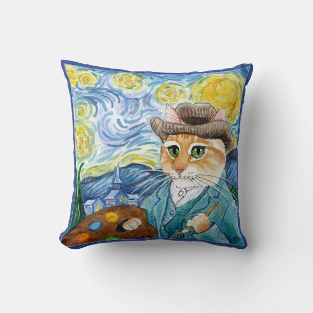 Söt katt tecknad Van Gogh Stjärnnatt kudde (Framsida)