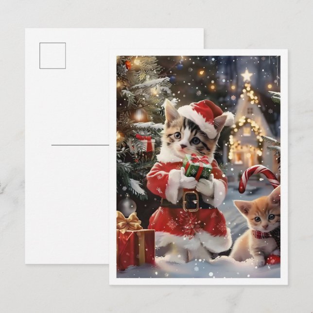 Söt Katt Tomte God Jul Vykort (Fram/baksida)