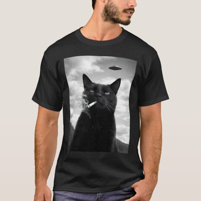 Söt Katt Ufo Meme Selfie Utomjording T Shirt (Framsida)