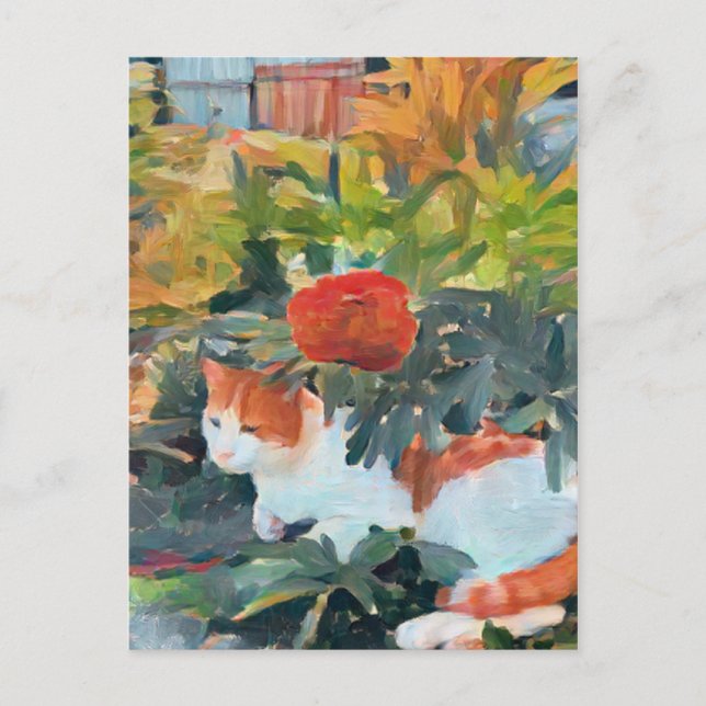 Söt katt under blommar buss vykort (Framsida)