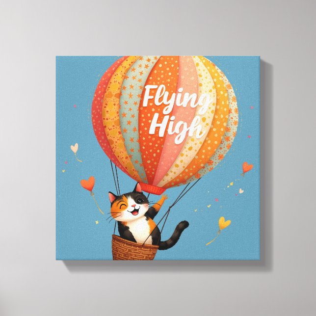 Söt Katt Varm Luft Ballong Whimsical Konst Canvastryck (Framsida)