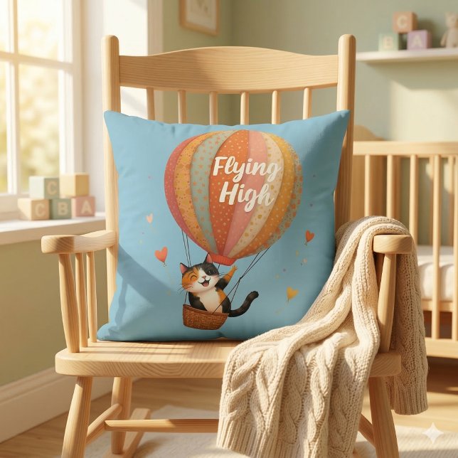Söt Katt Varm Luft Ballong Whimsical Konst Kudde (Cute Cat Hot Air Balloon Whimsical Art Throw Pillow Mockup A)