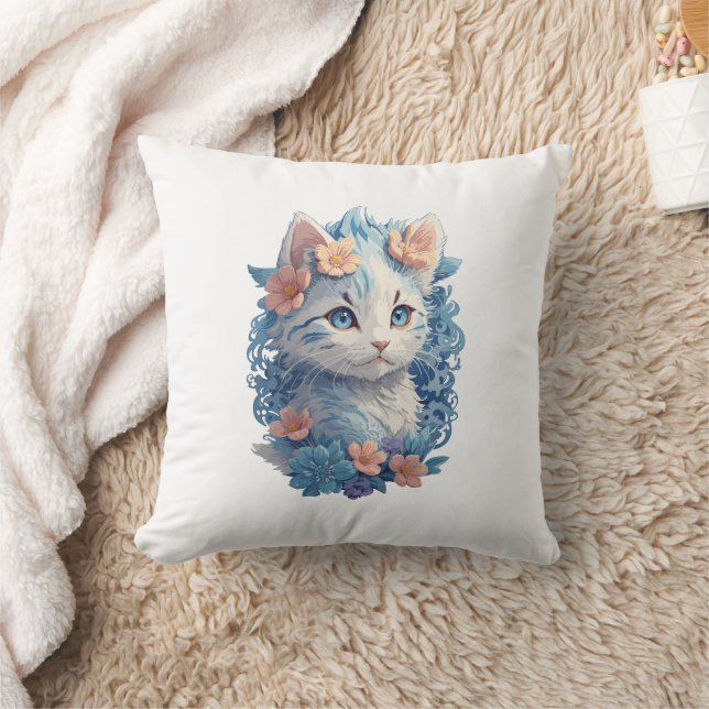 Söt Katt Vattenfärg Målning med Blommig Stänk Kudde (Filt)