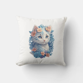 Söt Katt Vattenfärg Målning med Blommig Stänk Kudde