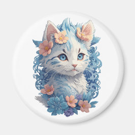 Söt Katt Vattenfärg Målning med Blommig Stänk Magnet