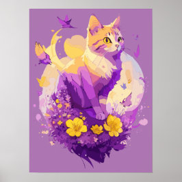 Söt Katt Vattenfärg med Flora Poster