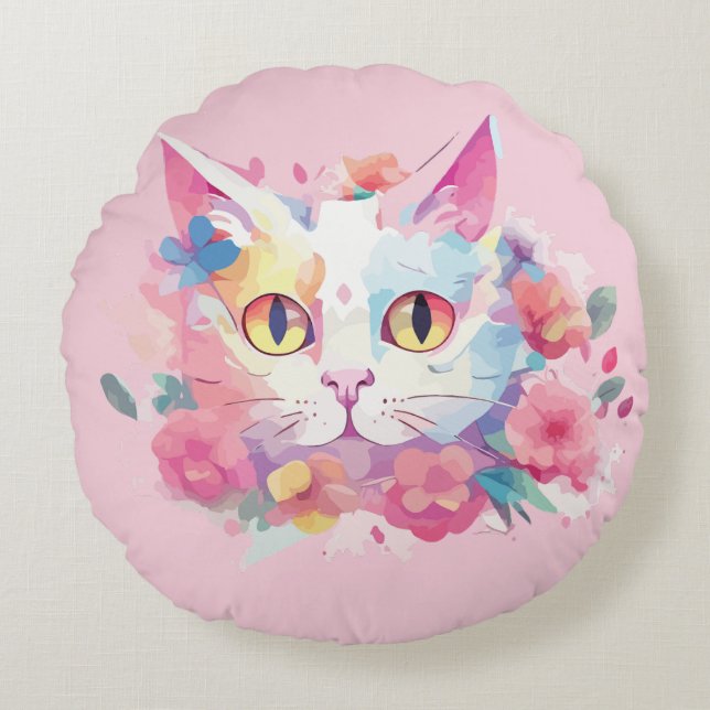 Söt Katt Vattenfärger Illustration Rund Kudde (Framsidan)