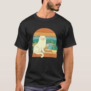 Söt Katt Vattnar Växter Retro Vintage Solnedgång T Shirt