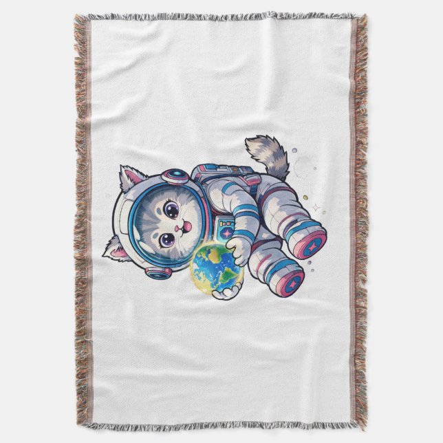 Söt Kattastronaut som Håller Jordens Tecknade Rymd Filt (Framsidan Vertikal)