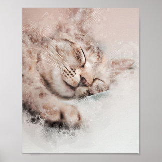 Söt kattens sovande drömmande vattenfärgsmålning poster