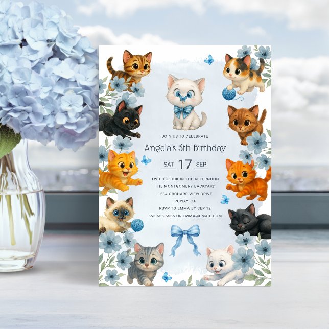 Söt katter Personlig 5-års födelsedagsfest Inbjudningar (Cute Kittens Personalized 5th Birthday Party Invitation)