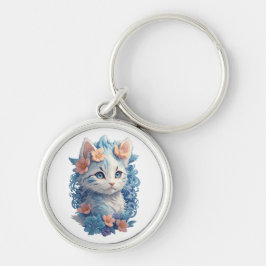 Söt katterakvattenfärg med blomsterexplosion rund silverfärgad nyckelring
