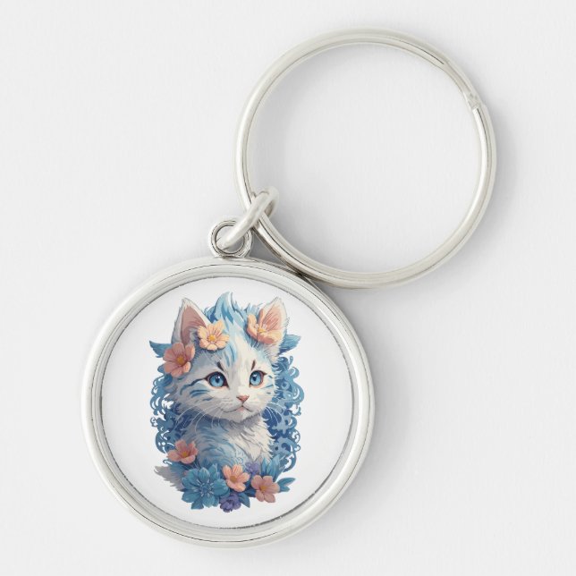 Söt katterakvattenfärg med blomsterexplosion rund silverfärgad nyckelring (Framsidan)