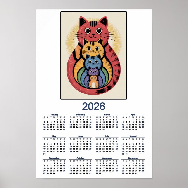 Söt kattfamiljskalender för 2026 poster (Framsidan)