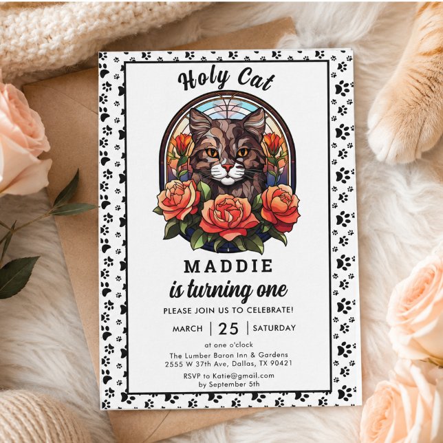 Söt kattflicka fyller år inbjudningar (Cute Cat Girl First Birthday Invitation)