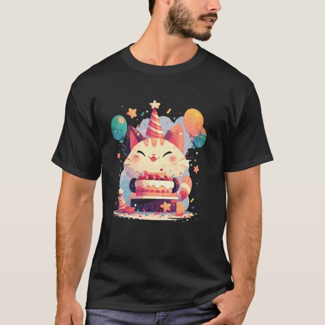 Söt kattfödelsedagsfest Glad katt födelsedagstårta T Shirt (Framsida)
