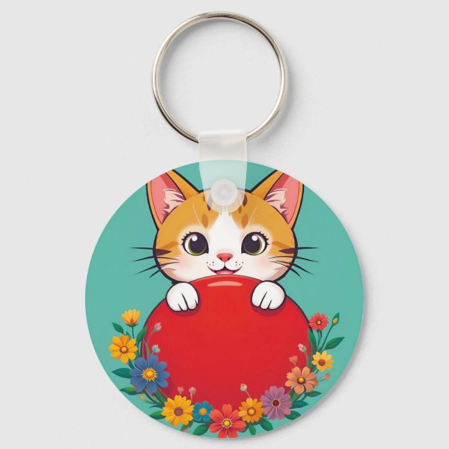 Söt kattillustration charm nyckelring (Framsida)